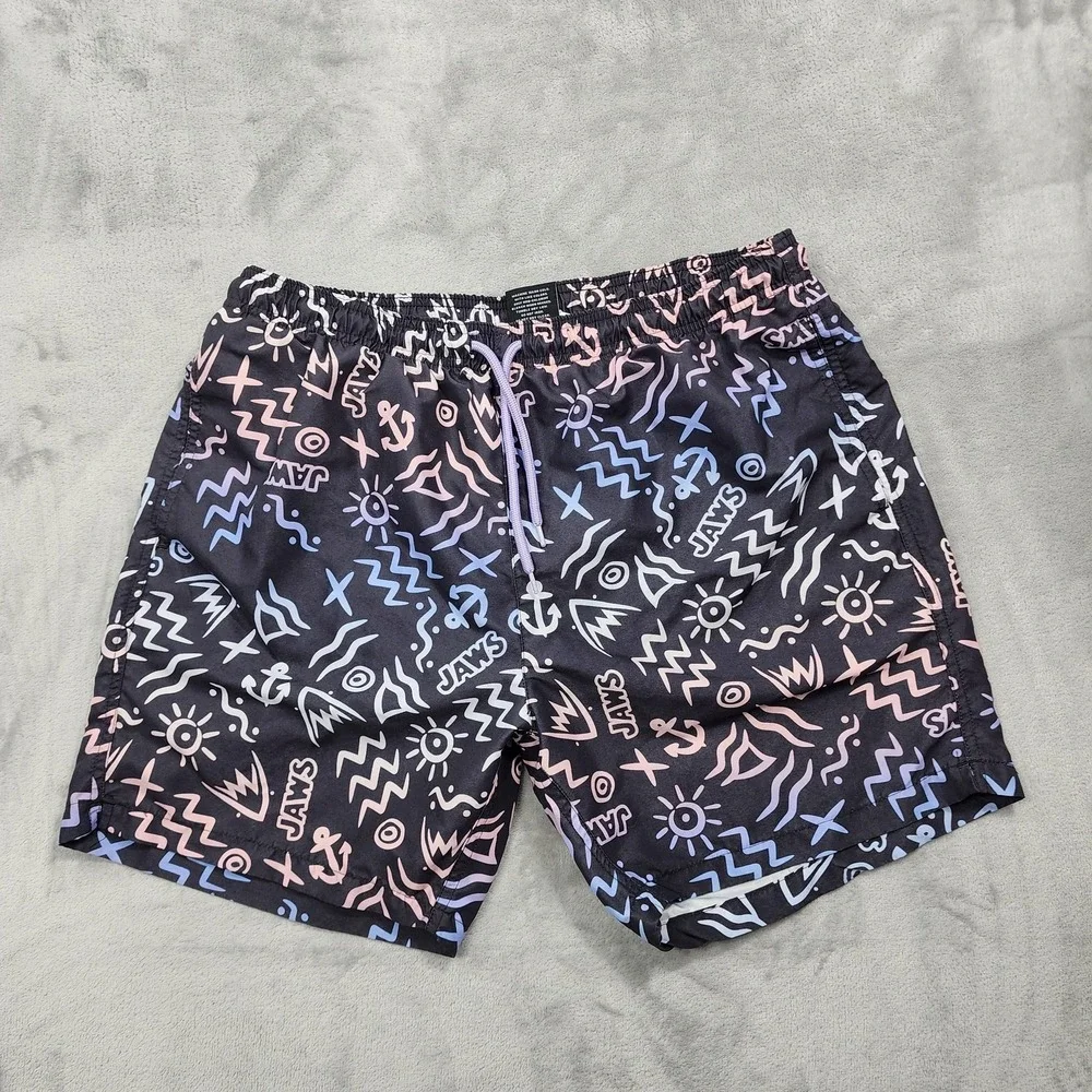 JAWS Swim Shorts Mens L Black Multicolor Print Lined Drawstring‎ Beach Summer
